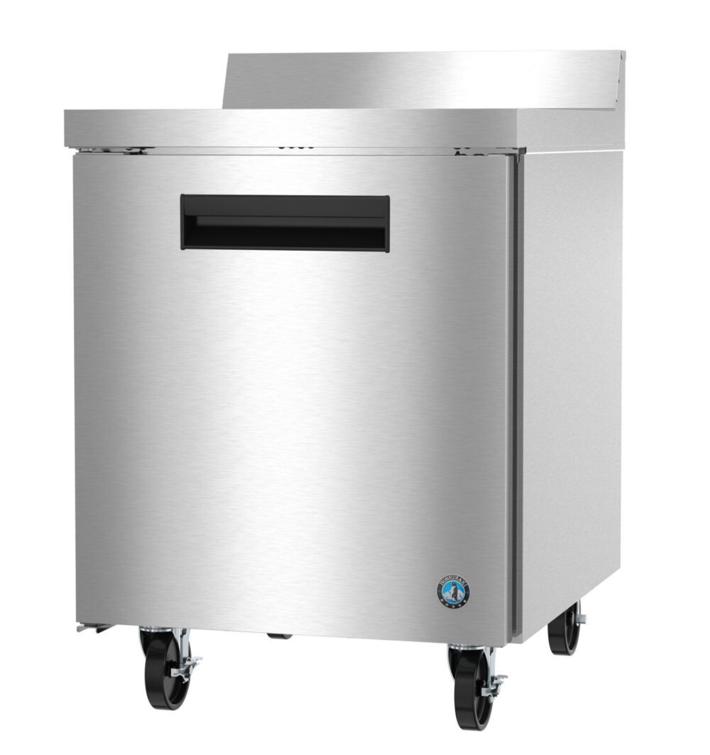 Stainless steel commercial refrigerator on four caster wheels, featuring a single door with a recessed handle and a raised backsplash on top.