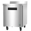 Stainless steel commercial refrigerator on four caster wheels, featuring a single door with a recessed handle and a raised backsplash on top.
