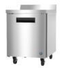 Stainless steel commercial refrigerator on four caster wheels, featuring a single door with a recessed handle and a raised backsplash on top.