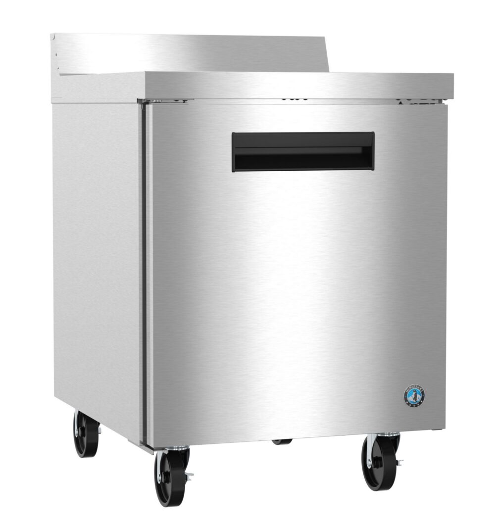 Stainless steel commercial refrigerator on four wheels with a single door and integrated handle.