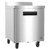 Stainless steel commercial refrigerator on four wheels with a single door and integrated handle.