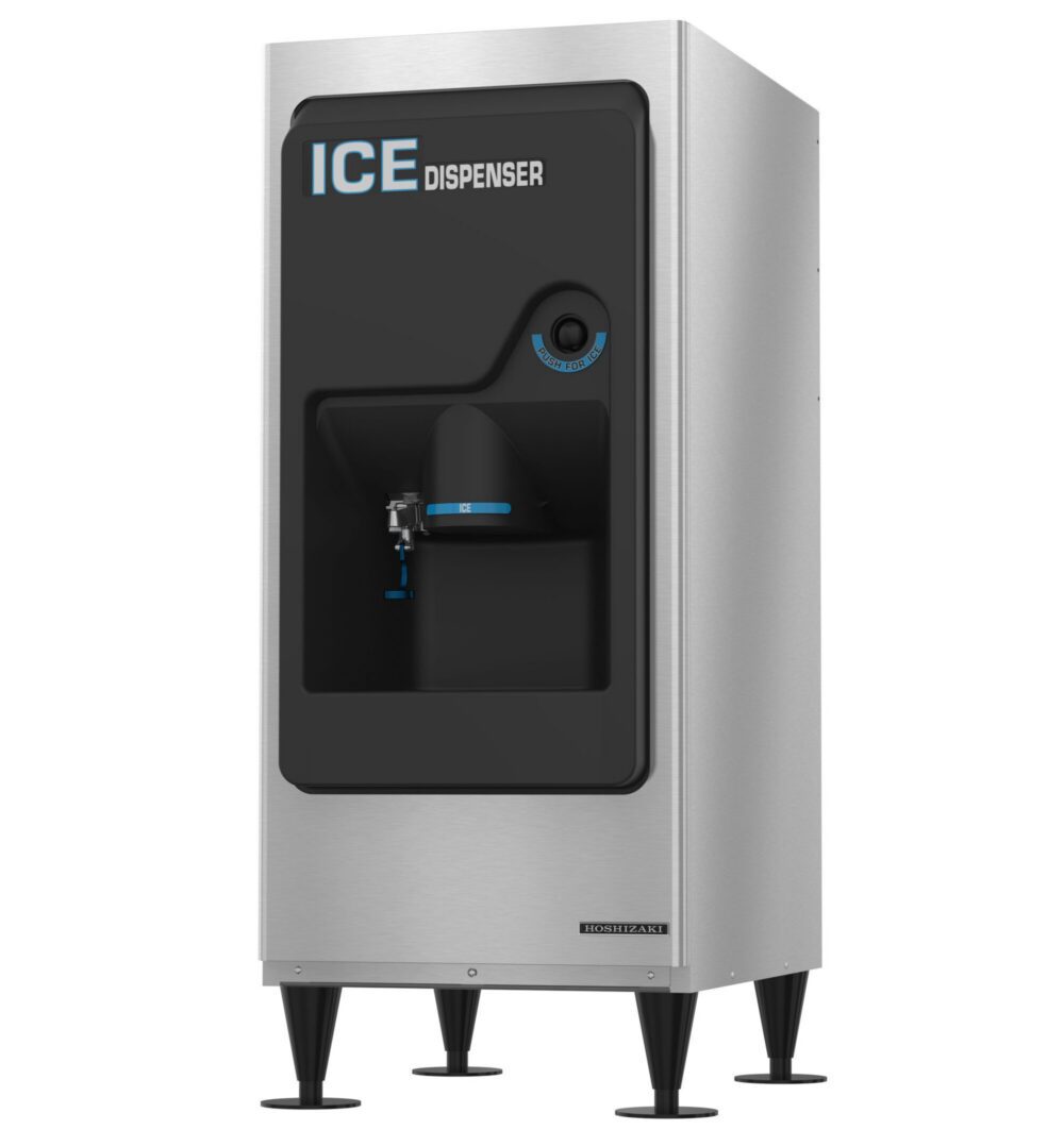 A commercial stainless steel ice dispenser with a black front panel, labeled