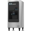 A commercial stainless steel ice dispenser with a black front panel, labeled "ICE DISPENSER," standing on four legs.