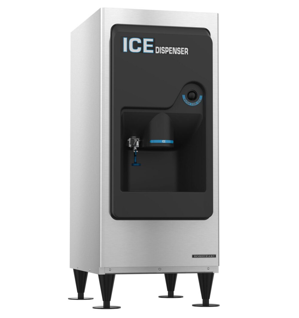 A commercial ice dispenser with a stainless steel body, black front panel, dispensing nozzle, and labeled