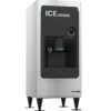 A commercial ice dispenser with a stainless steel body, black front panel, dispensing nozzle, and labeled "ICE DISPENSER" at the top.