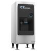 A commercial ice dispenser with a stainless steel body, black front panel, dispensing nozzle, and labeled "ICE DISPENSER" at the top.