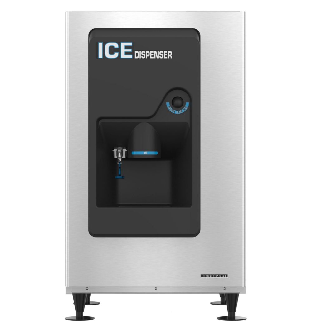 Front view of a stainless steel commercial ice dispenser with a black dispensing area, labeled