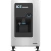 Front view of a stainless steel commercial ice dispenser with a black dispensing area, labeled "ICE DISPENSER" at the top.