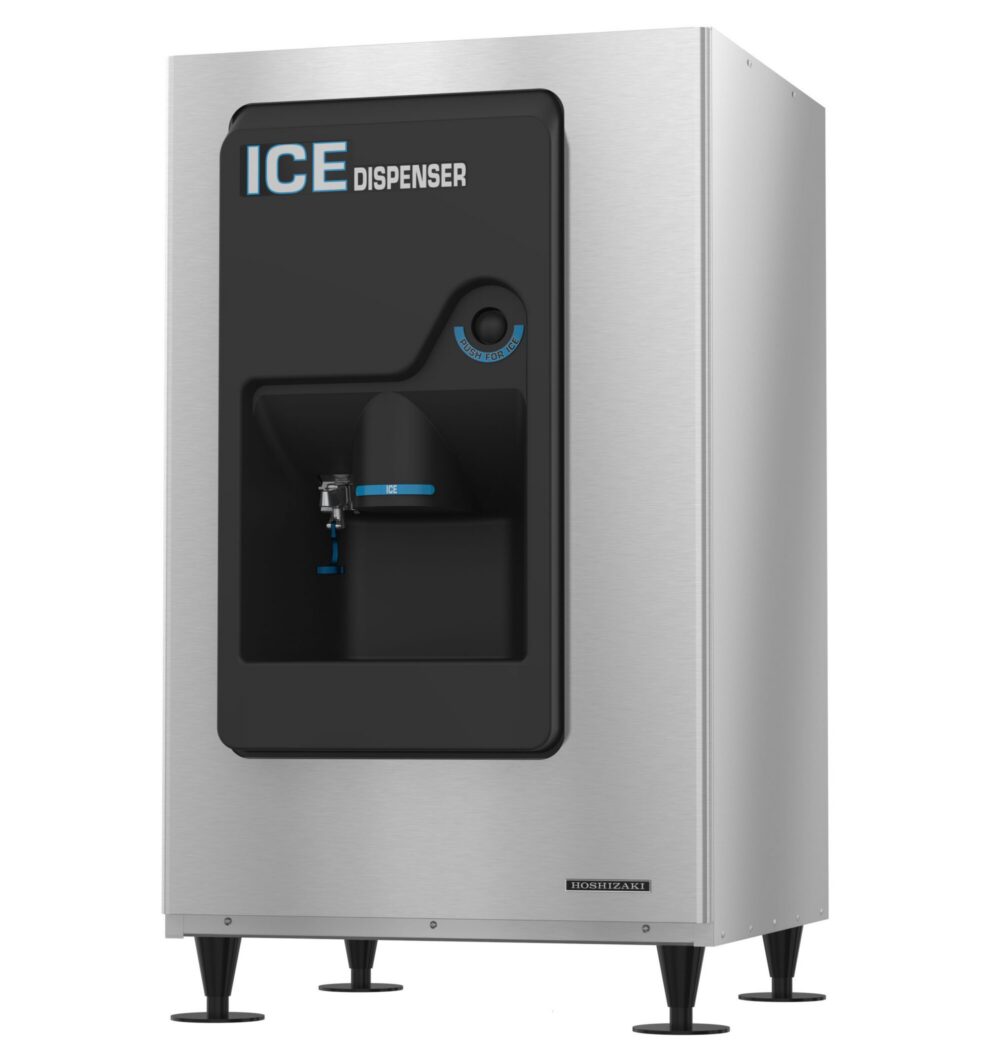 A commercial stainless steel ice dispenser with a black dispensing panel, labeled