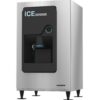 A commercial stainless steel ice dispenser with a black dispensing panel, labeled "ICE DISPENSER," standing on four adjustable legs.