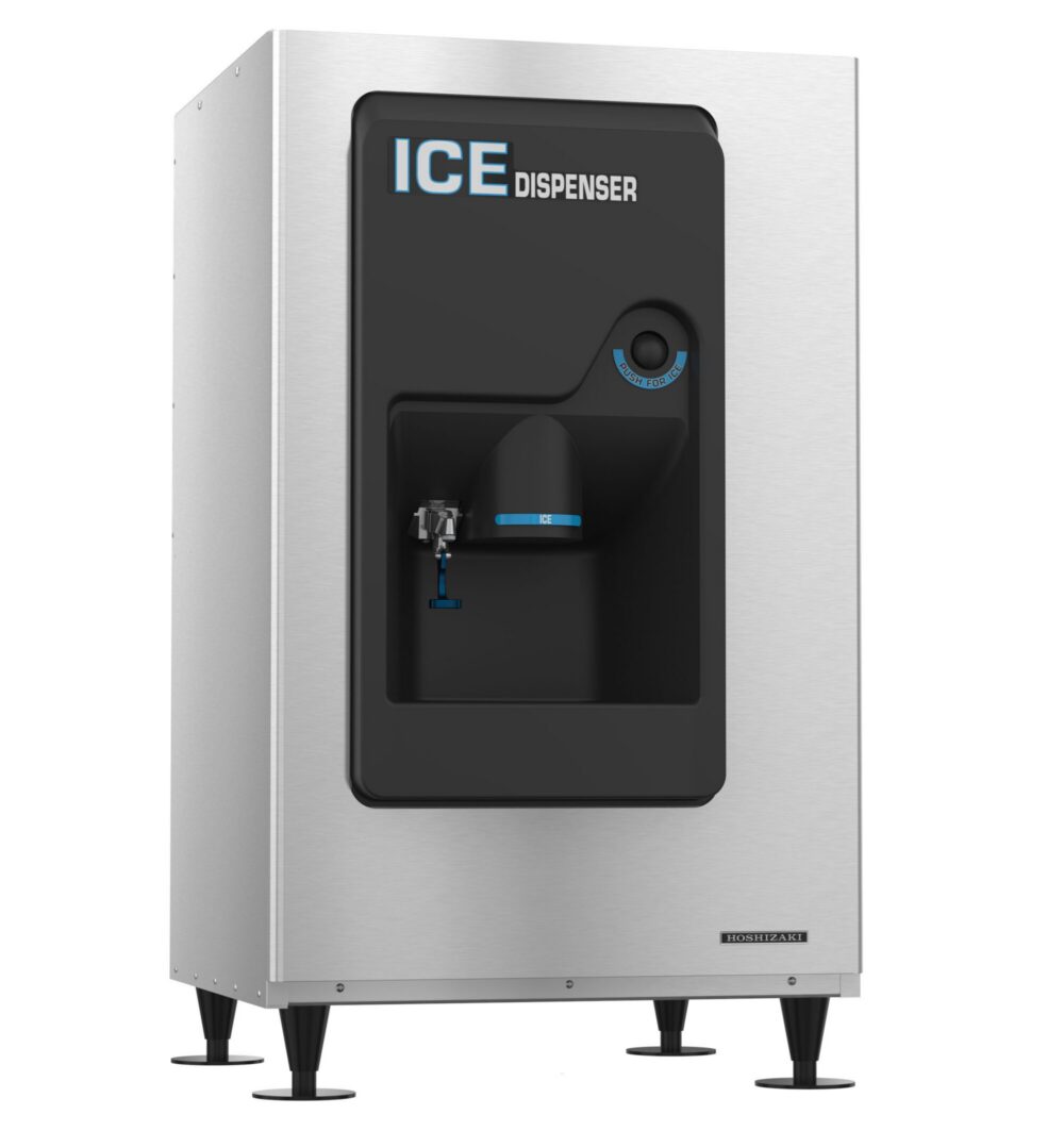 Stainless steel commercial ice dispenser with a black front panel, ice chute, push button, and dispenser spout, standing on adjustable legs.