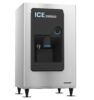 Stainless steel commercial ice dispenser with a black front panel, ice chute, push button, and dispenser spout, standing on adjustable legs.