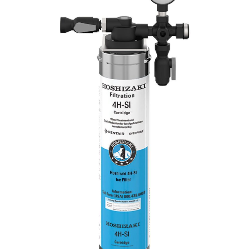 A Hoshizaki 4H-SI filtration cartridge with a pressure gauge and valve, used for water filtration in ice makers.