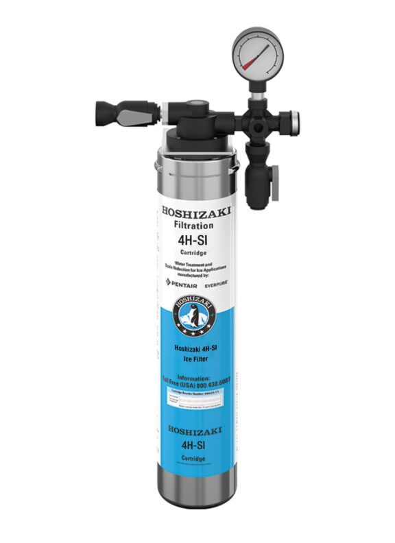 A Hoshizaki 4H-SI filtration cartridge with a pressure gauge and valve, used for water filtration in ice makers.