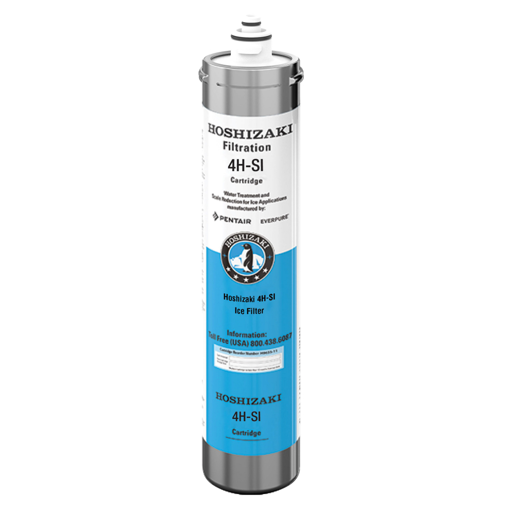 Hoshizaki 4H-SI ice filter cartridge, silver and blue, standing upright with product label and brand information visible.