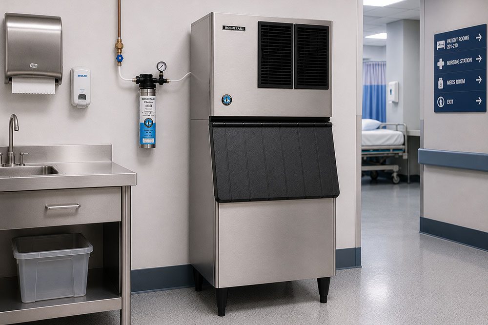 Large commercial ice machine in a clean hospital hallway next to a sink, mounted sanitizer dispenser, and a wall-mounted paper towel holder. Hospital bed is visible in the background.