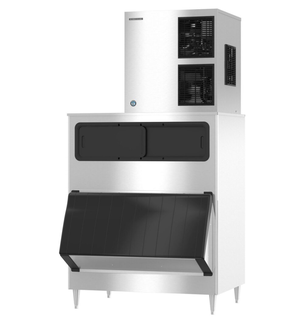 Commercial ice machine with a stainless steel body, dual black access panels on top, and a large front bin door for ice storage.