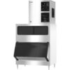 Commercial ice machine with a stainless steel body, dual black access panels on top, and a large front bin door for ice storage.
