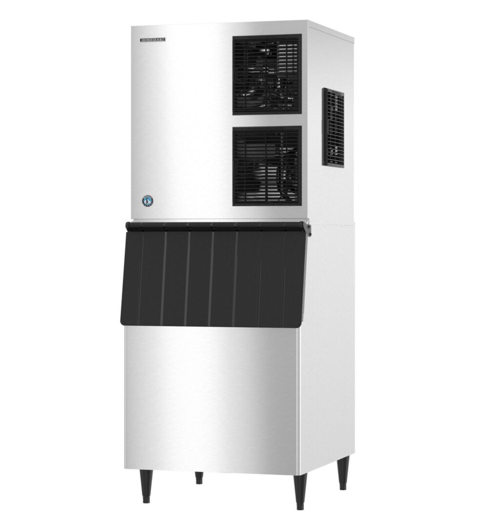 Commercial stainless steel ice maker machine with black front access panel, air vents on the front and side, and standing on four legs.
