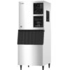 Commercial stainless steel ice maker machine with black front access panel, air vents on the front and side, and standing on four legs.