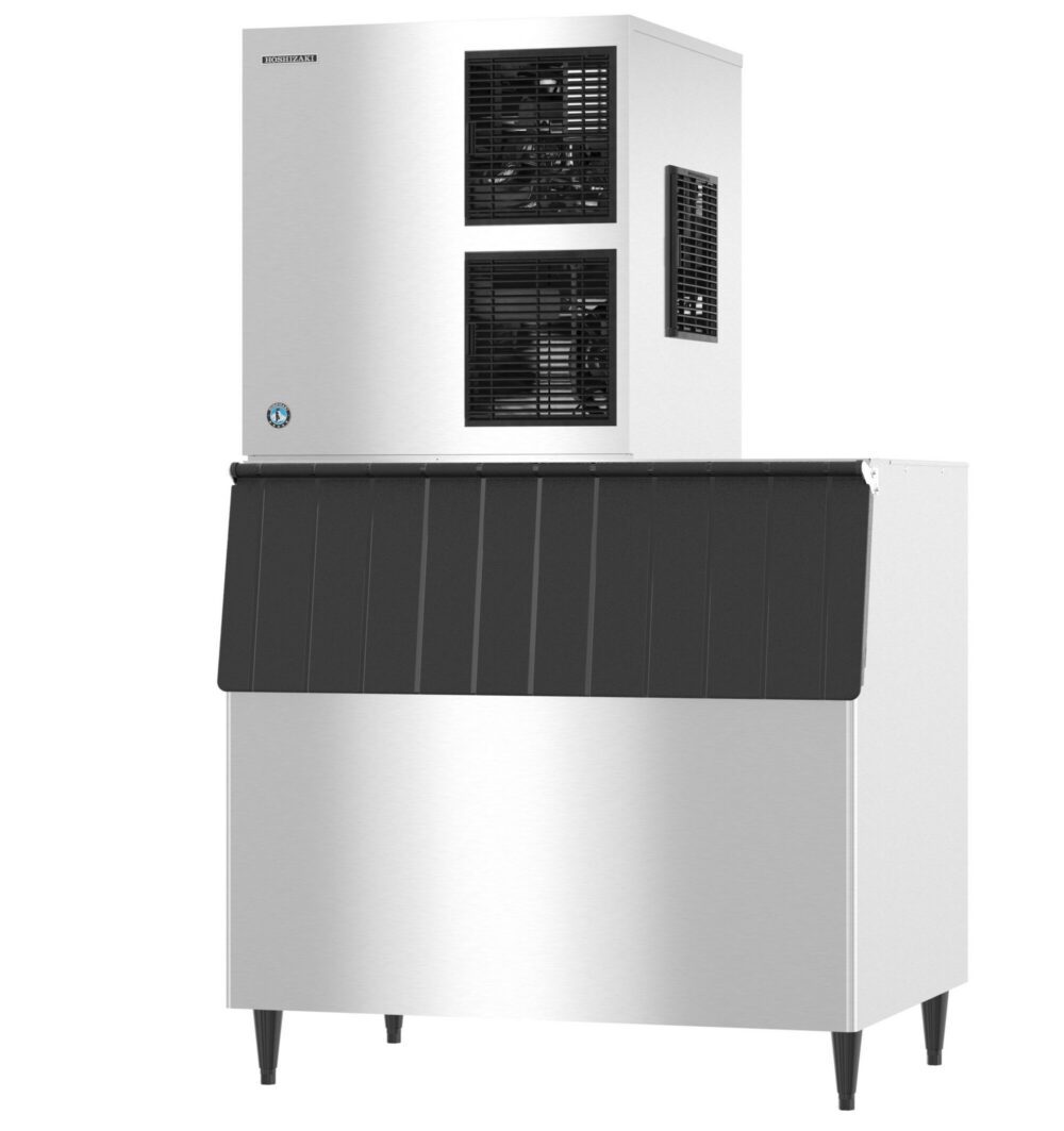 Commercial ice maker with a stainless steel finish, black top panel, and vented sections; designed for high-capacity ice production.