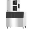 Commercial ice maker with a stainless steel finish, black top panel, and vented sections; designed for high-capacity ice production.