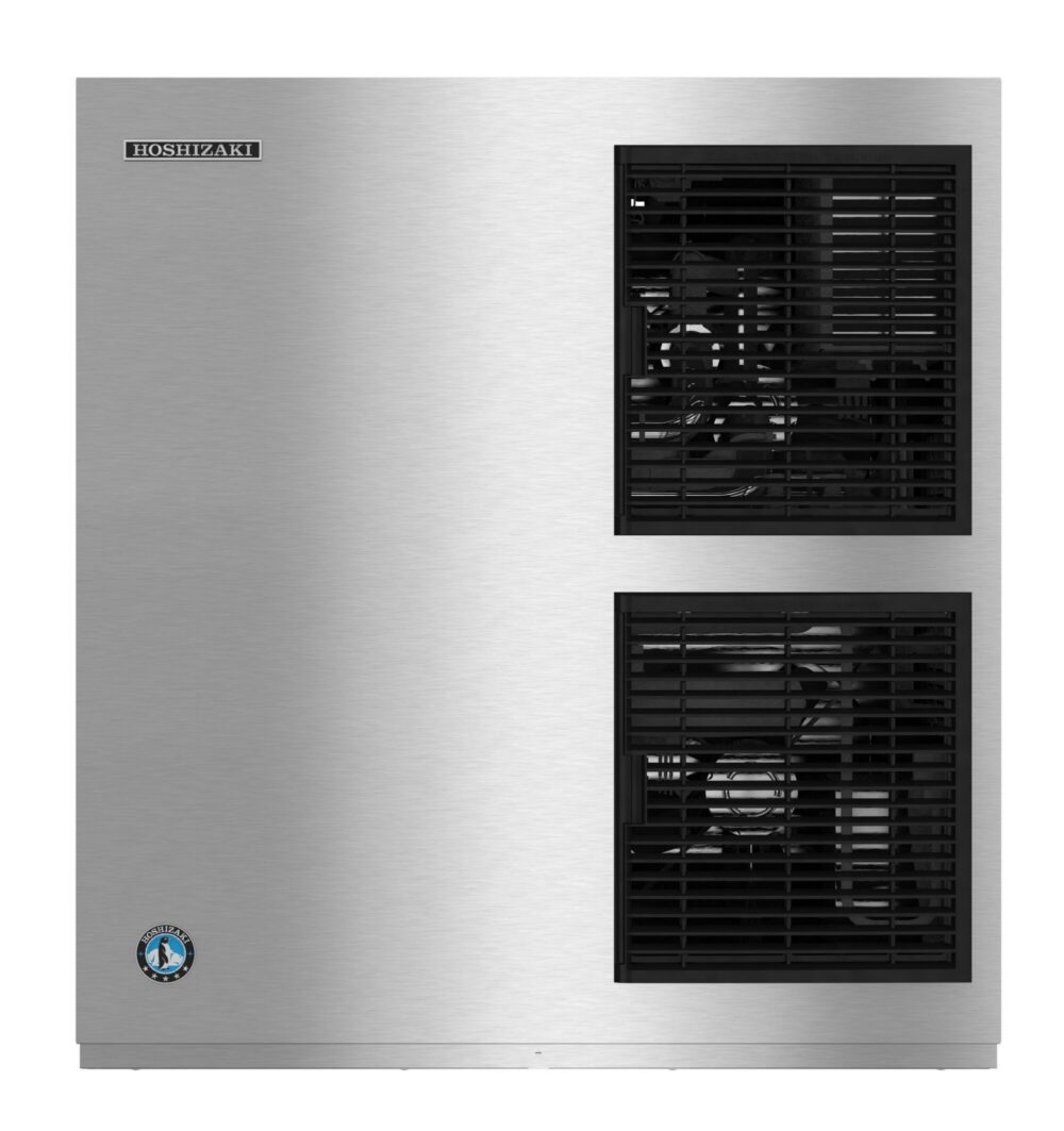 Front view of a stainless steel ice maker machine with two black ventilation grilles and the Hoshizaki brand logo in the upper left corner.