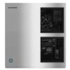 Front view of a stainless steel ice maker machine with two black ventilation grilles and the Hoshizaki brand logo in the upper left corner.