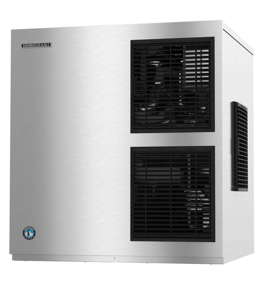 A stainless steel Hoshizaki ice machine with two black air vents on the front and one on the side.