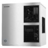 A stainless steel Hoshizaki ice machine with two black air vents on the front and one on the side.