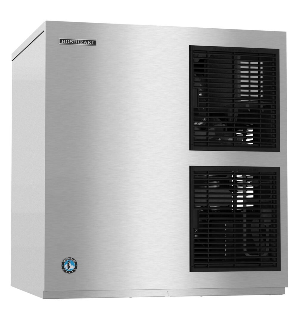 Stainless steel Hoshizaki commercial ice maker with two black ventilation grilles on the front panel.