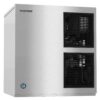 Stainless steel Hoshizaki commercial ice maker with two black ventilation grilles on the front panel.