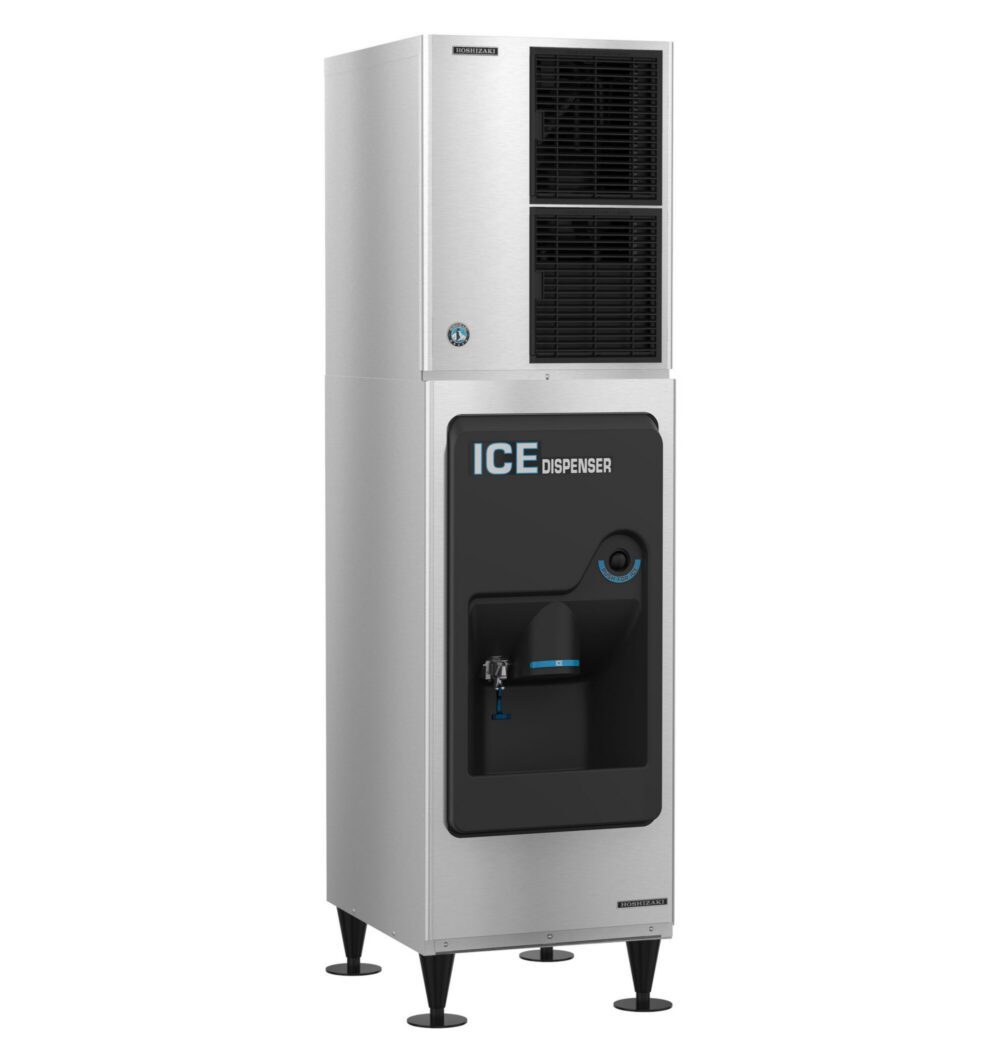 A stainless steel commercial ice dispenser with a black dispensing area and labeled “ICE DISPENSER” on the front, standing on four legs.