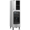 A stainless steel commercial ice dispenser with a black dispensing area and labeled “ICE DISPENSER” on the front, standing on four legs.