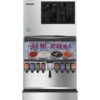 A commercial soda fountain machine with multiple drink options and an ice dispenser, featuring a sign that reads “chill out…drink up!” above the drink selection area.