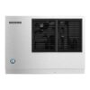 Front view of a Hoshizaki commercial ice machine with a stainless steel exterior and two black vent grilles.