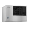 Stainless steel Hoshizaki commercial ice maker with black ventilation grilles on the front and a blue logo on the lower left corner.