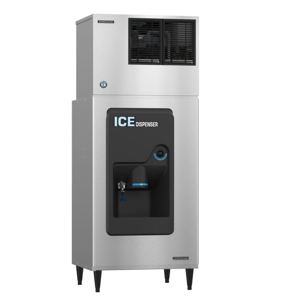 Stainless steel ice dispenser machine with a black dispensing area, labeled 