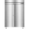 A commercial stainless steel double-door refrigerator with a digital temperature display on the upper right side.