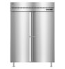 A commercial stainless steel double-door refrigerator with a digital temperature display on the upper right side.