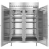 A large, industrial stainless steel refrigerator with both doors open, showing multiple empty wire shelves inside.