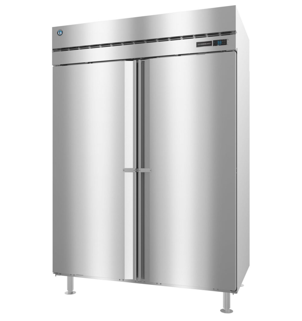 Stainless steel commercial refrigerator with two doors, digital display, and four legs, set against a plain white background.