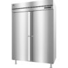 Stainless steel commercial refrigerator with two doors, digital display, and four legs, set against a plain white background.