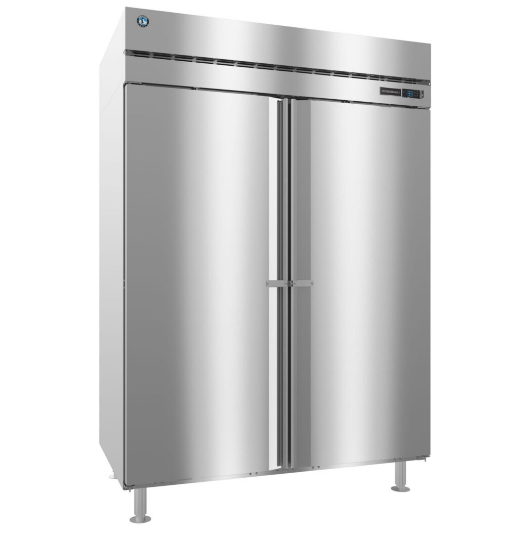 Stainless steel commercial double-door refrigerator with digital display, standing on four legs against a plain background.