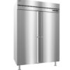 Stainless steel commercial double-door refrigerator with digital display, standing on four legs against a plain background.