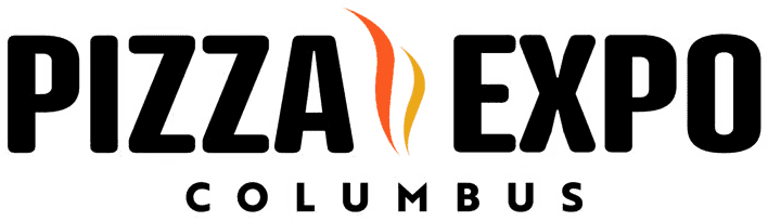 Logo for Pizza Expo Columbus, with the words "Pizza Expo" in bold black letters and an orange flame design between the words, and "Columbus" written below.