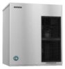 A commercial Hoshizaki stainless steel ice maker with two black ventilation panels, viewed from an angle against a plain white background.