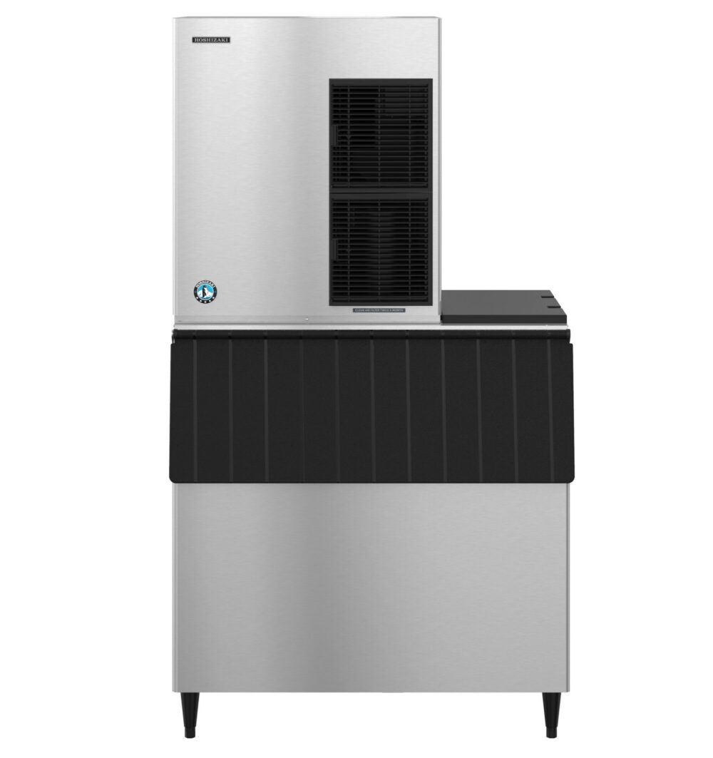 Commercial ice maker with a stainless steel finish and black accents, featuring a top ice machine unit and a lower storage bin, viewed from the front.