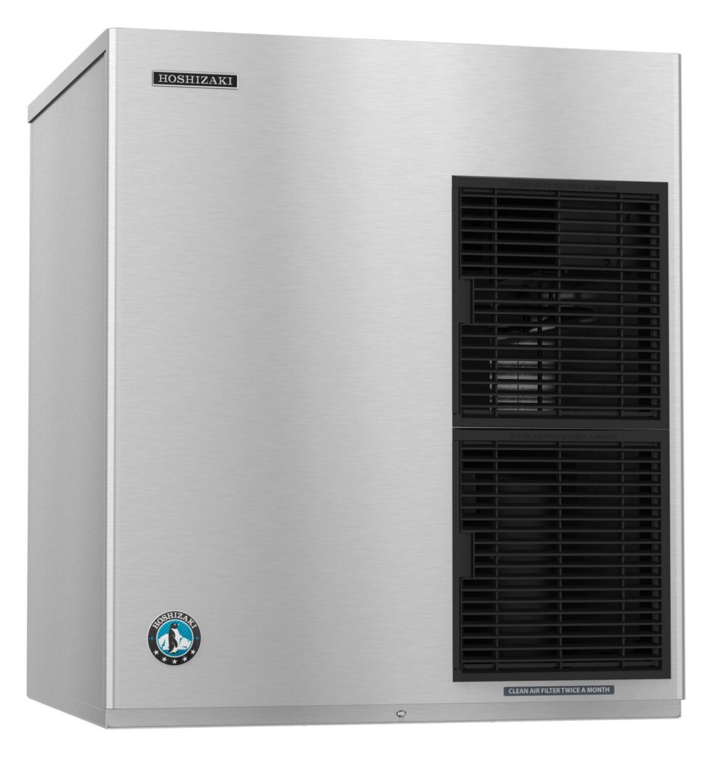 Stainless steel Hoshizaki ice maker with two black ventilation grills on the right side and brand logos on the front panel.