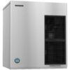 Stainless steel Hoshizaki ice maker with two black ventilation grills on the right side and brand logos on the front panel.